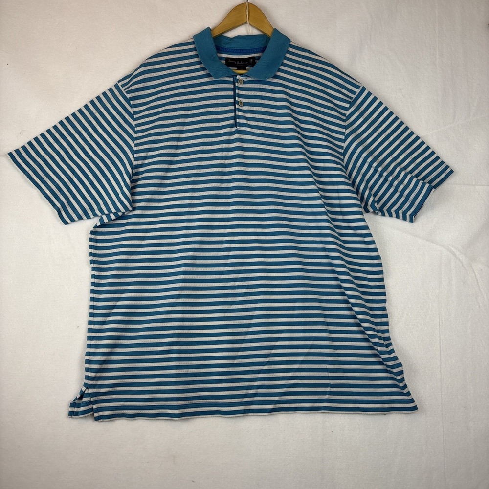 Tommy Bahama 18 Golf Men's XXL Short Sleeve Blue White Striped Polo Shirt